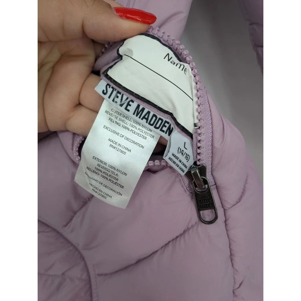 Steven Madden Reversible Puffer Jacket Lavender Faux Fur Hood Cozy Girls 14/16